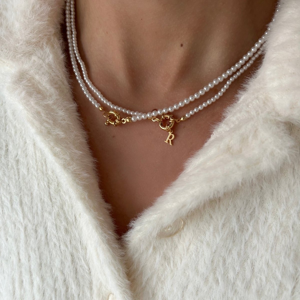 Shell Pearls Choker Tiny Initial - ByNouck Jewelry Shell Pearls Choker Tiny Initial - ByNouck Jewelry