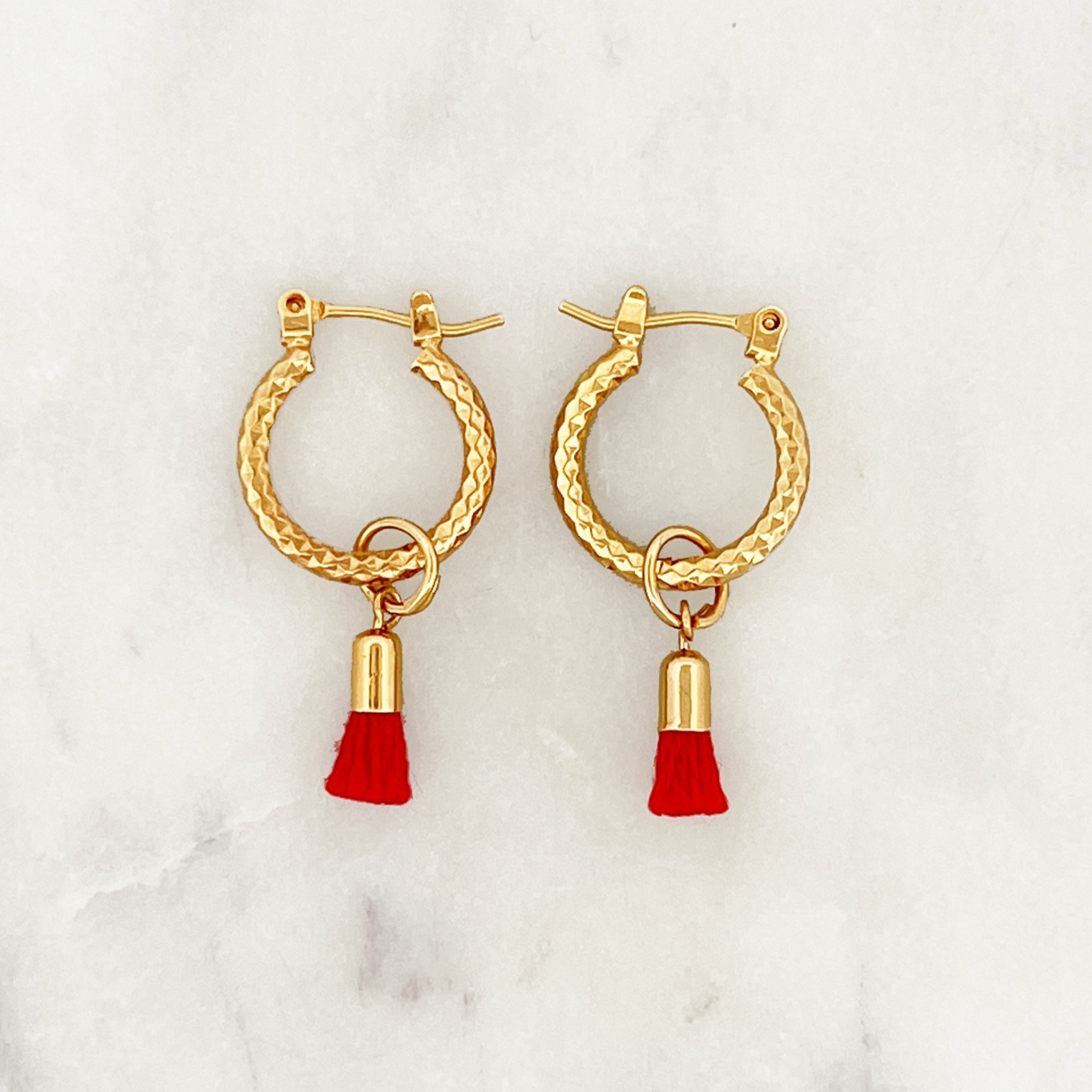 Sample Facet Hoop Set Red Tassel